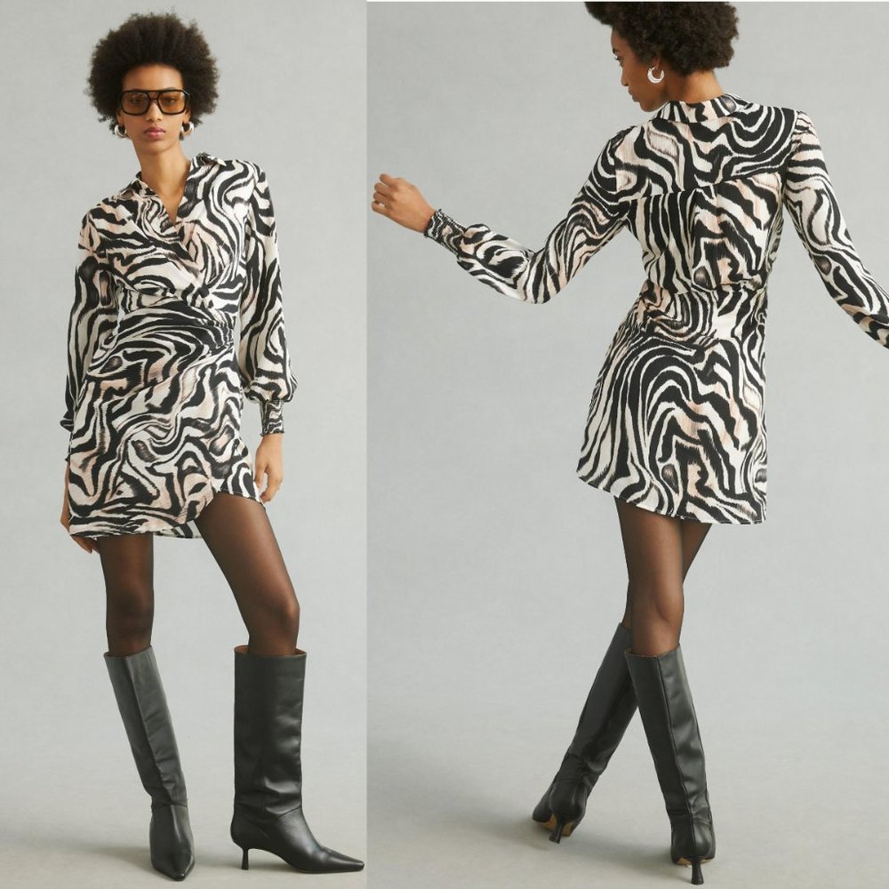 NWT Anthropologie Printed Wrap Dress Animal Print Collared Long Sleeve Mini